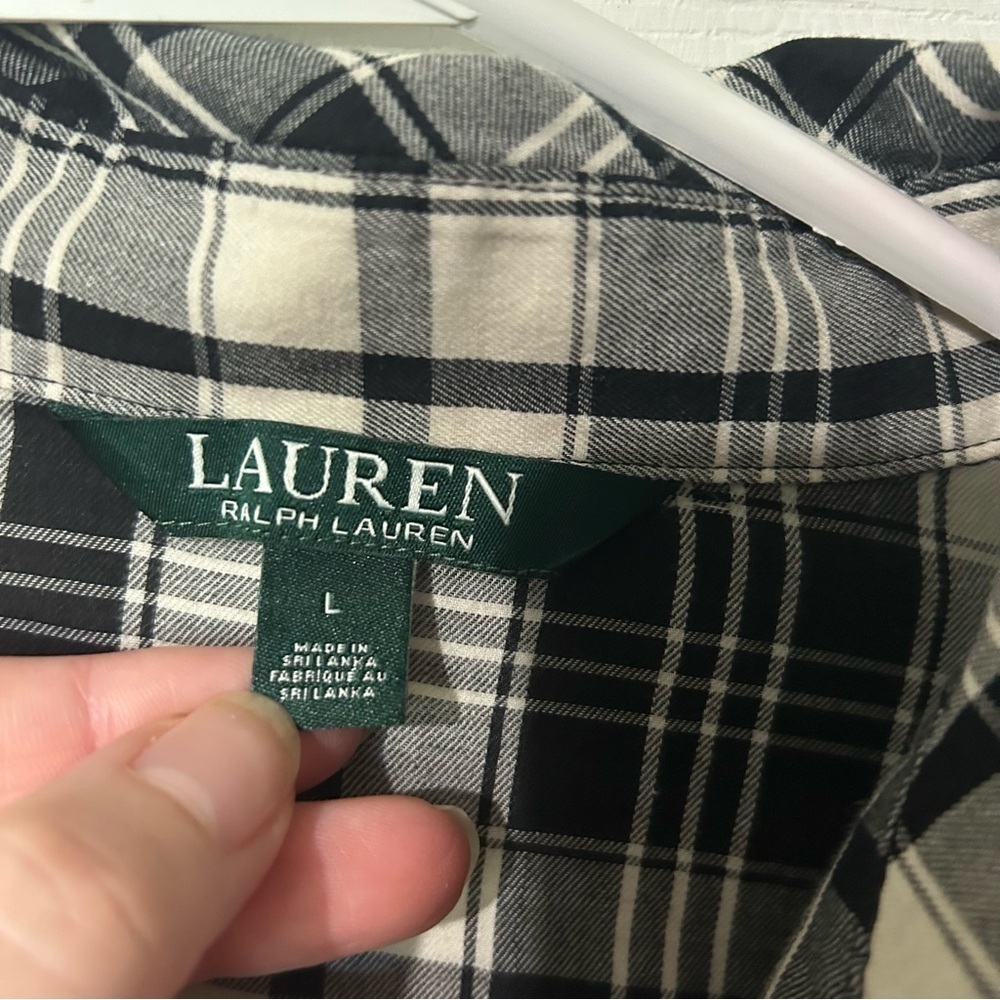 LAUREN RALPH LAUREN LRLPlaid Button Down Shirt Black White Bell Sleeve Large - Picture 7 of 12